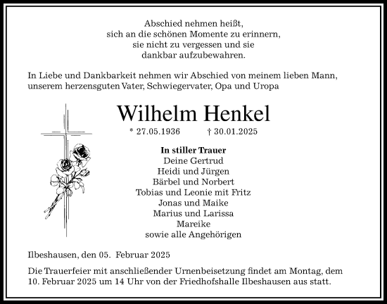 Traueranzeige von Wilhelm Henkel von Lauterbacher Anzeiger