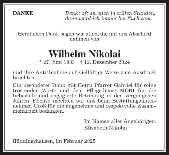 Traueranzeige von Wilhelm Nikolai von Rabenauer Zeitung