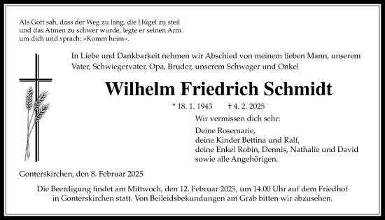 Traueranzeige von Wilhelm Friedrich Schmidt von Giessener Allgemeine, Alsfelder Allgemeine