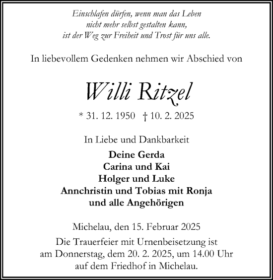 Traueranzeige von Willi Ritzel von Kreis-Anzeiger