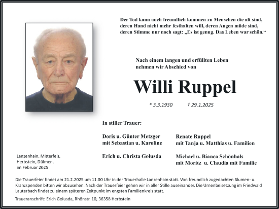 Traueranzeige von Willi Ruppel von Lauterbacher Anzeiger