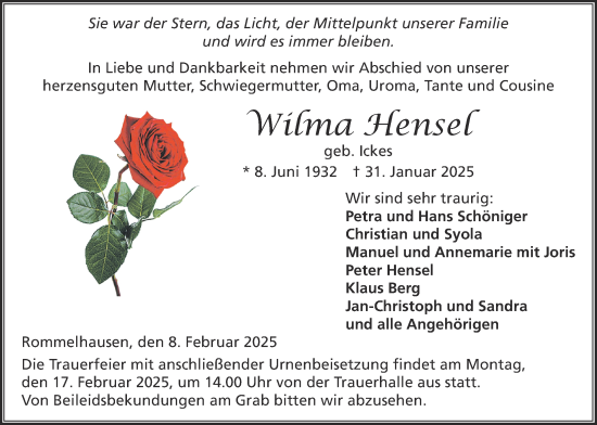 Traueranzeige von Wilma Hensel von Kreis-Anzeiger