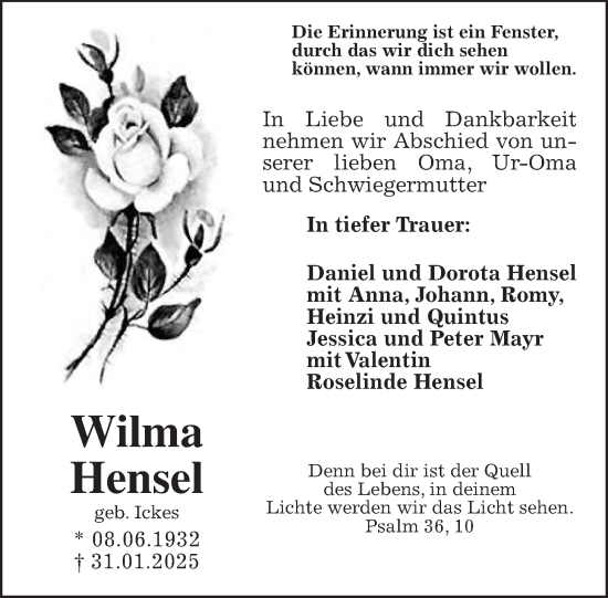 Traueranzeige von Wilma Hensel von Kreis-Anzeiger