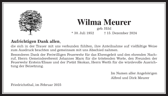 Traueranzeige von Wilma Meurer von Usinger Anzeiger