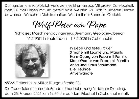 Traueranzeige von Wolf-Peter von Pape von Lauterbacher Anzeiger