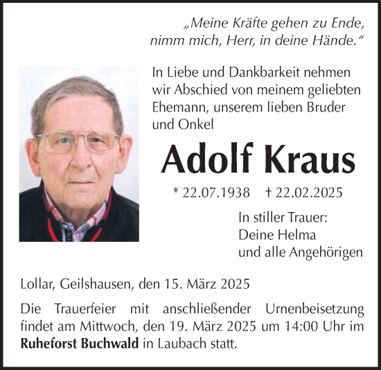Traueranzeige von Adolf Kraus von Giessener Allgemeine, Alsfelder Allgemeine