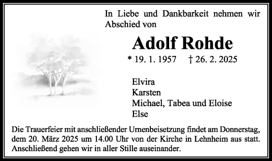 Traueranzeige von Adolf Rohde von Giessener Allgemeine, Alsfelder Allgemeine