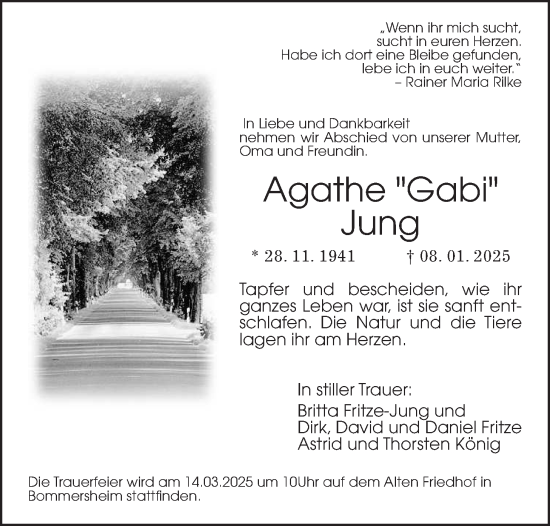 Traueranzeige von Agathe Gabi Jung von Giessener Allgemeine, Alsfelder Allgemeine, Wetterauer Zeitung