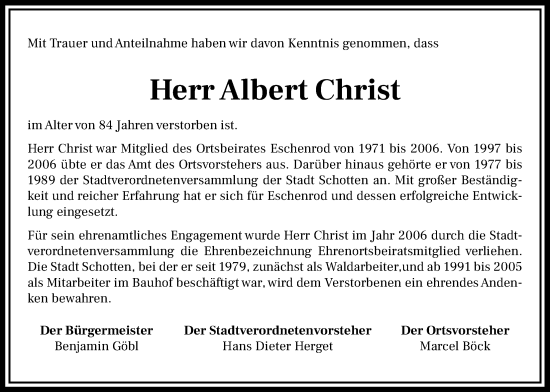 Traueranzeige von Albert Christ von Kreis-Anzeiger