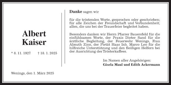 Traueranzeige von Albert Kaiser von Kreis-Anzeiger
