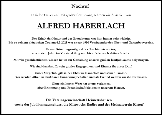 Traueranzeige von Alfred Haberlach von Oberhessische Zeitung