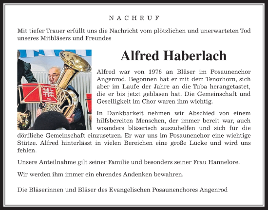 Traueranzeige von Alfred Haberlach von Oberhessische Zeitung, Alsfelder Allgemeine