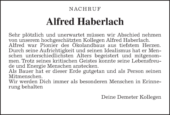 Traueranzeige von Alfred Haberlach von Lauterbacher Anzeiger, Oberhessische Zeitung