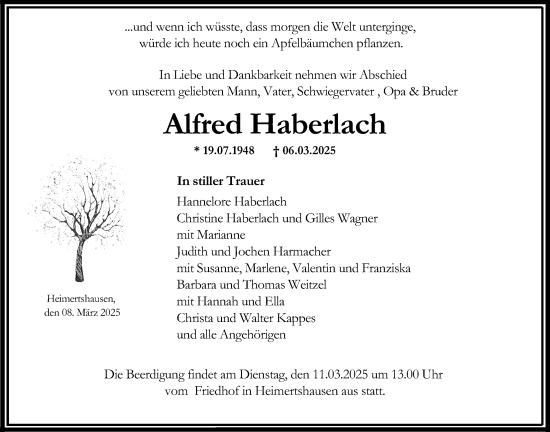 Traueranzeige von Alfred Haberlach von Oberhessische Zeitung
