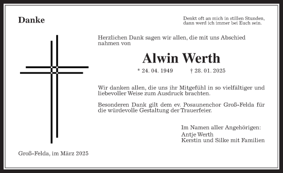 Traueranzeige von Alwin Werth von Oberhessische Zeitung