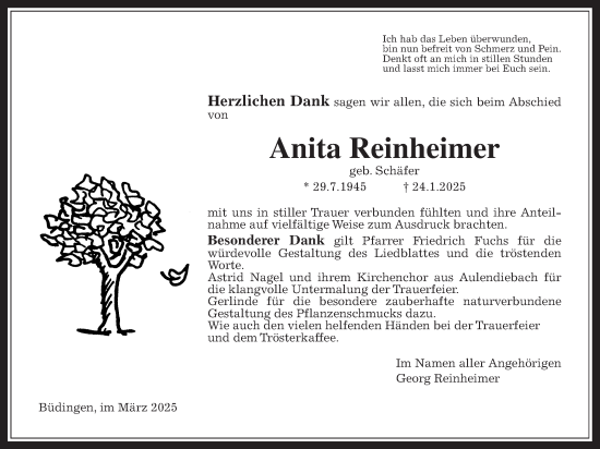 Traueranzeige von Anita Reinheimer von Kreis-Anzeiger
