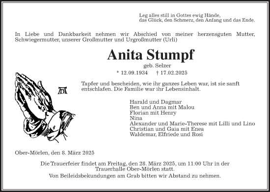 Traueranzeige von Anita Stumpf von Wetterauer Zeitung