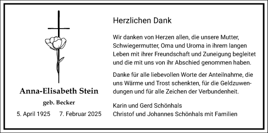 Traueranzeige von Anna-Elisabeth Stein von Giessener Anzeiger, Giessener Allgemeine, Alsfelder Allgemeine, Rabenauer Zeitung