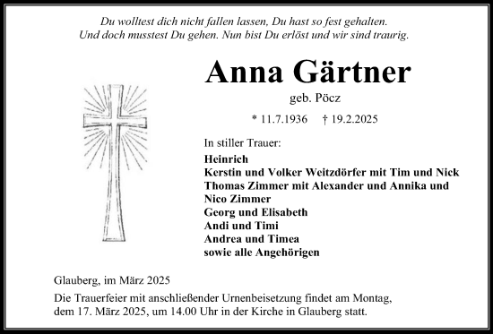 Traueranzeige von Anna Gärtner von Kreis-Anzeiger