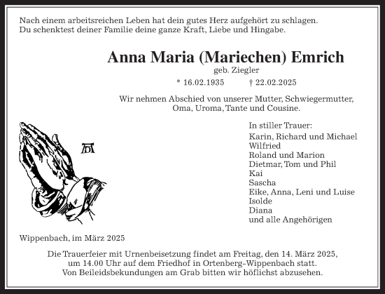 Traueranzeige von Anna Maria Emrich von Kreis-Anzeiger