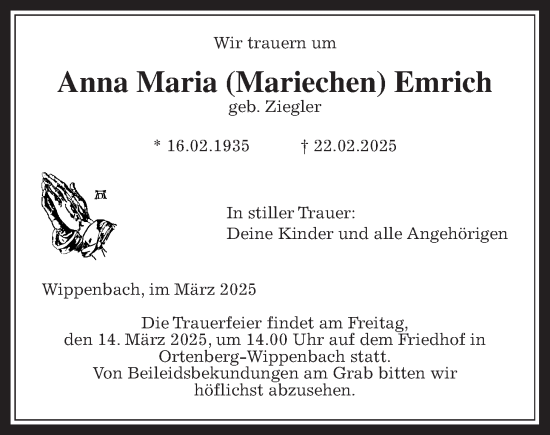 Traueranzeige von Anna Maria Emrich von Wetterauer Zeitung