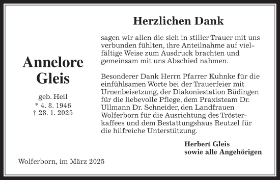 Traueranzeige von Annelore Gleis von Kreis-Anzeiger