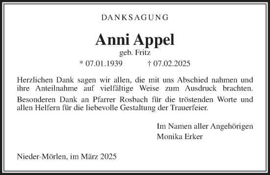 Traueranzeige von Anni Appel von Wetterauer Zeitung