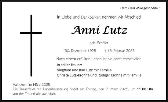 Traueranzeige von Anni Lutz von Kreis-Anzeiger