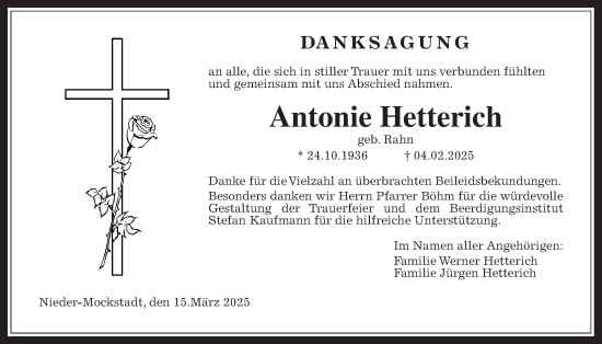 Traueranzeige von Antonie Hetterich von Kreis-Anzeiger, Wetterauer Zeitung