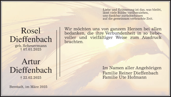 Traueranzeige von Artur Dieffenbach von Wetterauer Zeitung