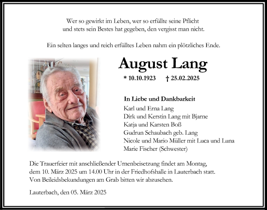 Traueranzeige von August Lang von Lauterbacher Anzeiger