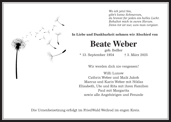 Traueranzeige von Beate Weber von Usinger Anzeigenblatt