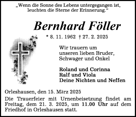 Traueranzeige von Bernhard Föller von Kreis-Anzeiger