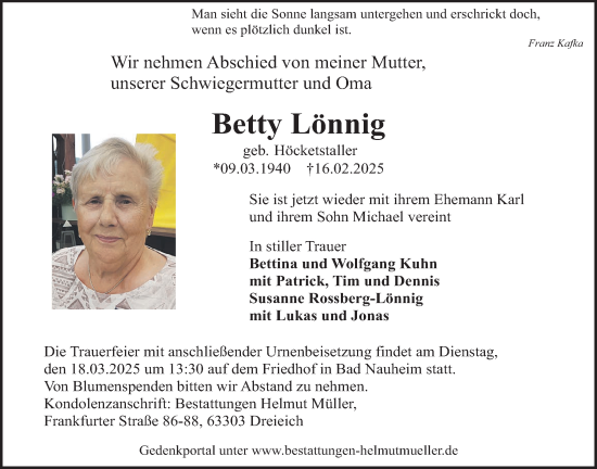 Traueranzeige von Betty Lönnig von Wetterauer Zeitung