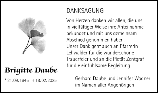 Traueranzeige von Brigitte Daube von Bad Vilbel/Karben
