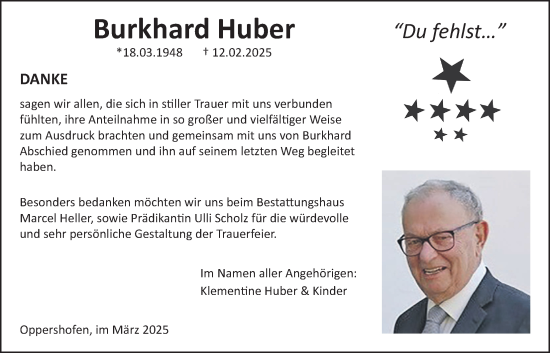 Traueranzeige von Burkhard Huber von Butzbacher Zeitung, Wetterauer Zeitung