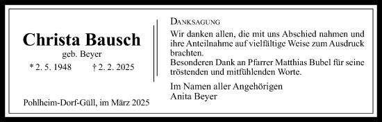 Traueranzeige von Christa Bausch von Giessener Allgemeine, Alsfelder Allgemeine, Giessener Anzeiger
