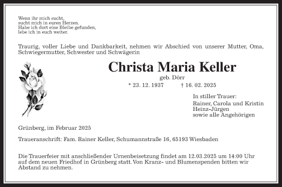Traueranzeige von Christa Maria Keller von Giessener Allgemeine, Alsfelder Allgemeine, Giessener Anzeiger