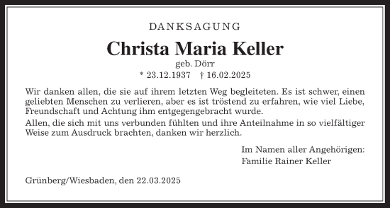 Traueranzeige von Christa Maria Keller von Giessener Allgemeine, Alsfelder Allgemeine, Giessener Anzeiger