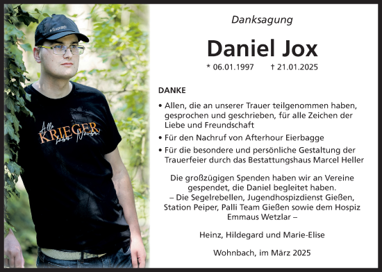 Traueranzeige von Daniel Jox von Wetterauer Zeitung