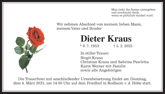 Traueranzeige von Dieter Kraus von Wetterauer Zeitung