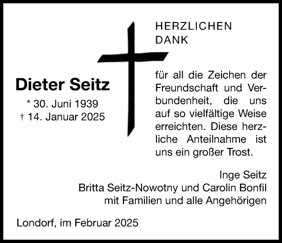 Traueranzeige von Dieter Seitz von Rabenauer Zeitung