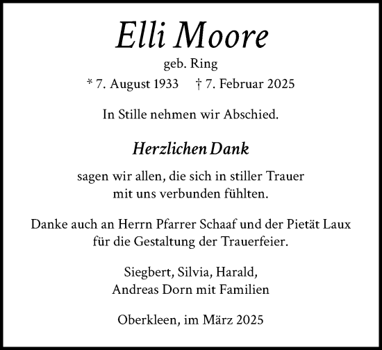 Traueranzeige von Elli Moore von Butzbacher Zeitung