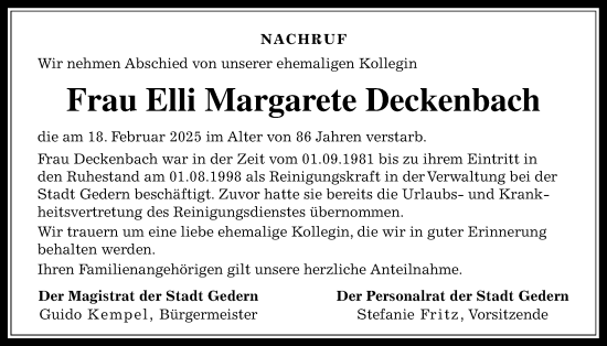 Traueranzeige von Elli Margarete Deckenbach von Kreis-Anzeiger