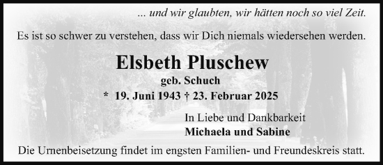 Traueranzeige von Elsbeth Pluschew von Wetterauer Zeitung, Bad Vilbel/Karben