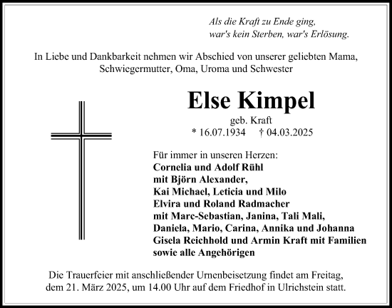 Traueranzeige von Else Kimpel von Lauterbacher Anzeiger