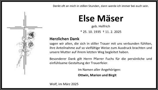Traueranzeige von Else Mäser von Kreis-Anzeiger