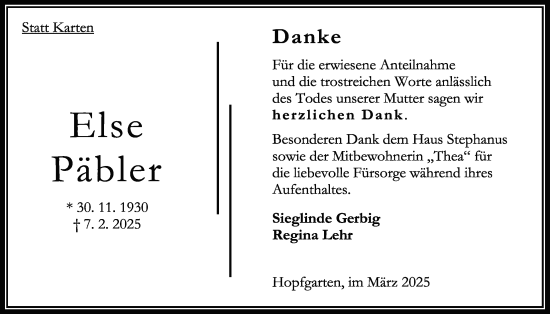 Traueranzeige von Else Päbler von Oberhessische Zeitung