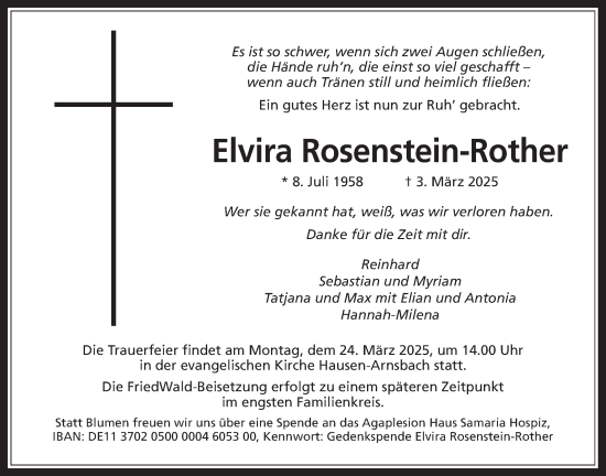 Traueranzeige von Elvira Rosenstein-Rother von Usinger Anzeiger, Usinger Anzeigenblatt