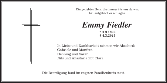 Traueranzeige von Emmy Fiedler von Alsfelder Allgemeine, Oberhessische Zeitung